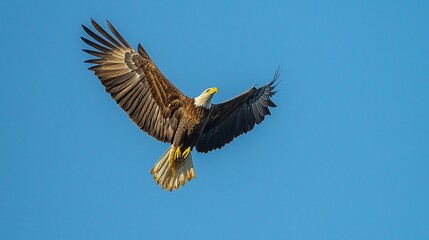 Bald eagle soaring, clear blue sky. Wildlife, nature photography
