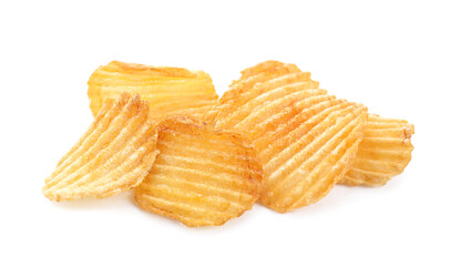 Pile of tasty ridged potato chips isolated on white