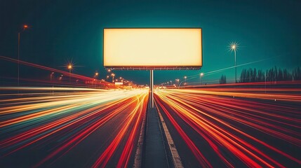 Blank billboard at night, highway lights blur