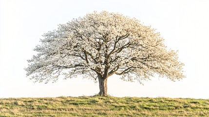 Obraz premium Blooming cherry tree on hill, spring sunrise