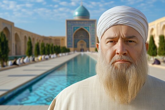 Muslim imam looking at beautiful mosque Islam religion concept Generative AI
