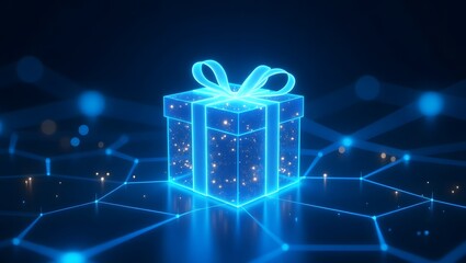 Futuristic Digital Gift Box with Glowing Wireframe and Floating Particles on a Tech Blue Background