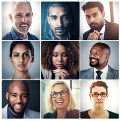 Collage, diversity and group of business people in office for face, community and pride....