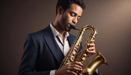 Fototapeta premium Saxophonist in a Studio: A Portrait of Musical Passion