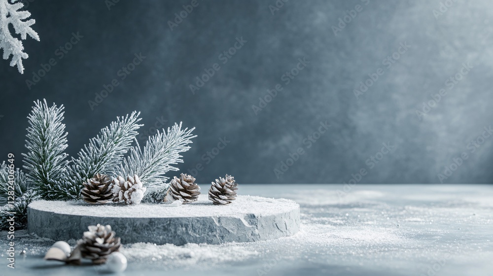 Poster snowy podium displaying christmas pine cones and branches with copy space