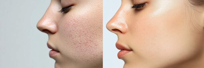 Obraz premium Comparison of acne prone skin and flawless radiant skin highlighting dermatology concepts. Generative AI