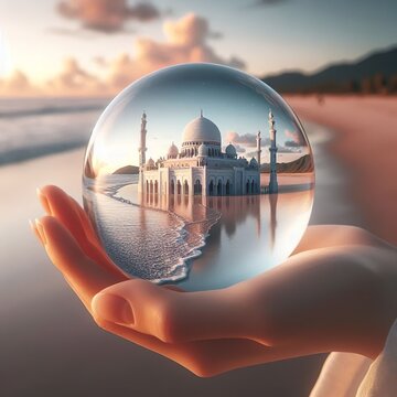 A white mosque in the ball glass with beach background
