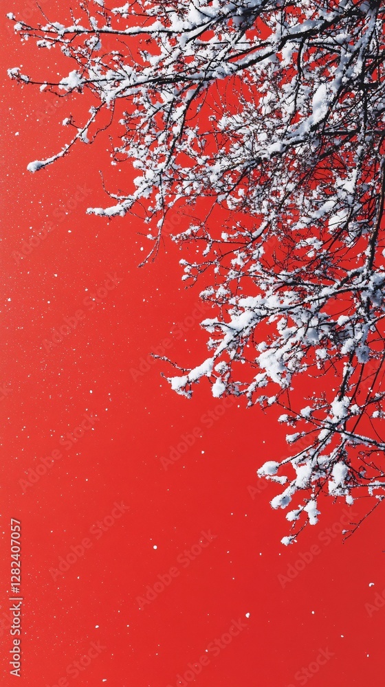 Aufkleber snow falling from snowy tree branches against red background