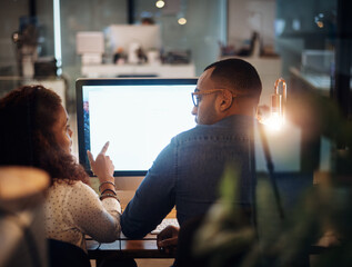 Mockup, training or manager on computer for web design, startup website or coaching back. Night,...