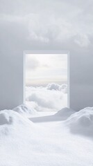 White room opening to cloudy sky over snowy landscape