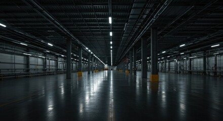 Obraz premium Vast Industrial Warehouse Interior: A Dark and Spacious Architectural Photography