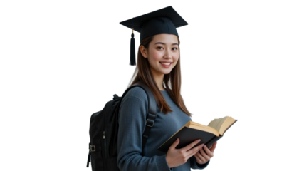 Portrait of a beautiful, smiling young university college girl student, wearing a backpack, academic cap (mortarboard) and holding an open book isolated on white background. PNG file