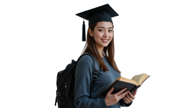 Portrait of a beautiful, smiling young university college girl student, wearing a backpack, academic cap (mortarboard) and holding an open book isolated on white background. PNG file