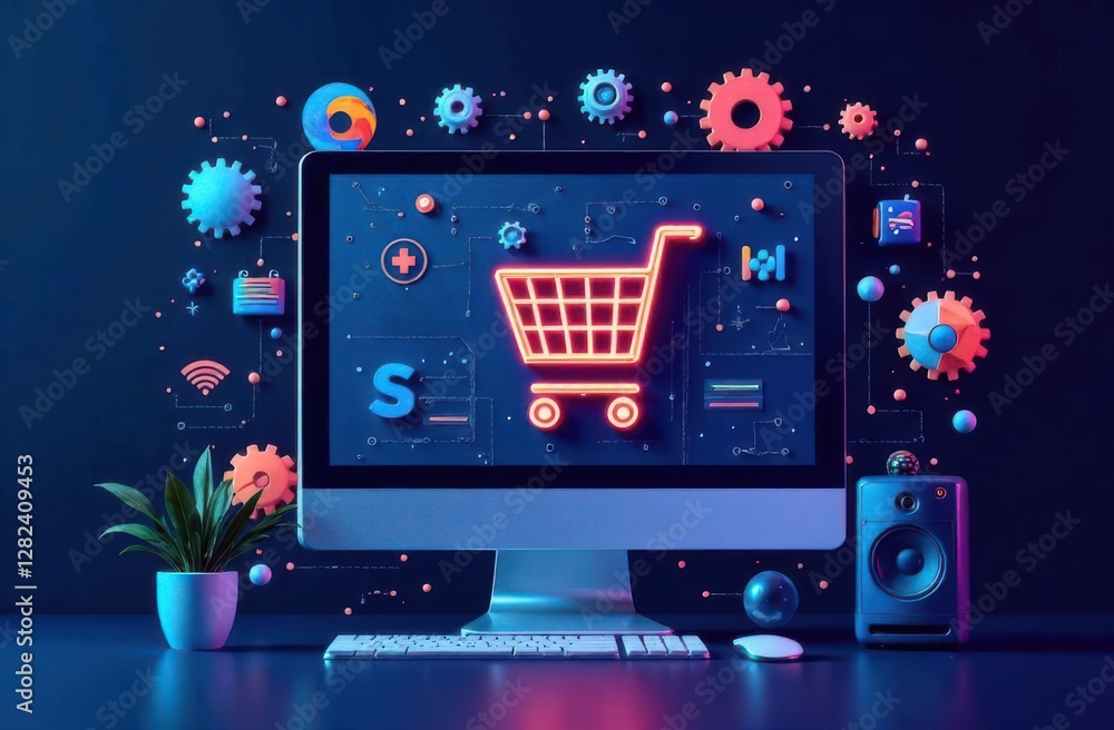 Poster a computer screen displays a glowing shopping cart icon surrounded by gears and technology graphics.