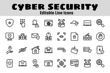 Cyber security outline icon set related to protection, online, privacy, internet, technology, computer, and others. vector illustration