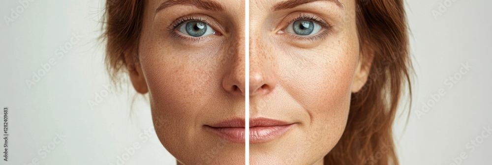 Poster Contrast between aging and youthful appearance of a woman captured in a split screen format for comparison purposes. Generative AI