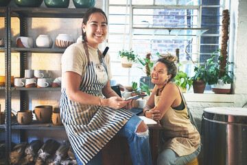Pottery, tablet and portrait with people in workshop for clay product, artisan studio and partner....