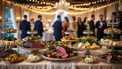 Elegant buffet setup at a wedding reception featuring gourmet dishes and guests enjoying the celebration