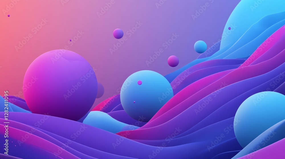 Fototapete Abstract background with flowing waves and colorful spheres creating a dreamlike atmosphere