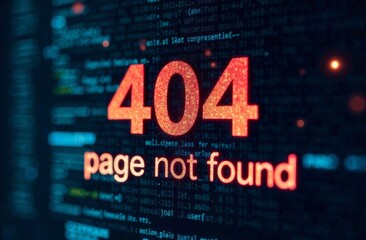 Obraz premium Bold red text reads 404 page not found on a dark computer screen filled with code indicating a missing webpage. This suggests a disruption in web access at a tech office.