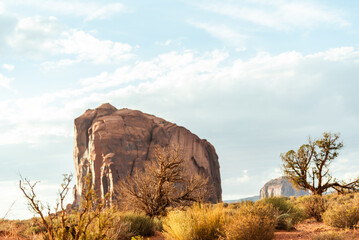 Monument Valley desert scene with dessert trees and rock formations.