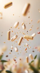 Natural medicine capsules and herbs falling through the air