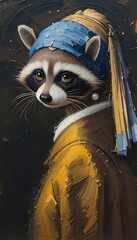 Ai generative oil painting Portrait of a cute Raccoon , vermeer style of the artwork "Girl with a pearl earring" in a classical still life composition The painting is lit by natural light from the sid