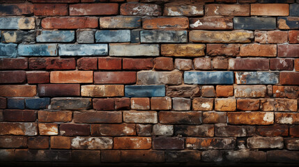 Obraz premium A weathered brick wall with varying shades of red, orange, and brown bricks, some of which are damaged or have peeling paint, creating a rustic and aged appearance.