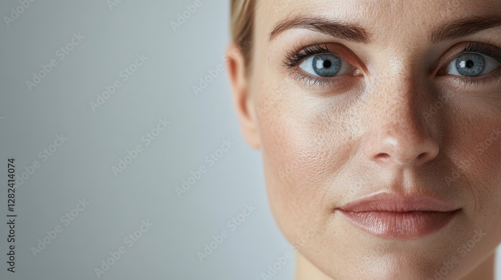 Fototapete side by side comparison of a womans face showing signs of aging on one side and smooth skin on the o