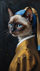 Ai generative oil painting Portrait of a cute Siamese cat , vermeer style of the artwork "Girl with a pearl earring" in a classical still life composition The painting is lit by natural light from the