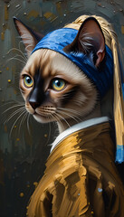 Ai generative oil painting Portrait of a cute Siamese cat , vermeer style of the artwork "Girl with a pearl earring" in a classical still life composition The painting is lit by natural light from the