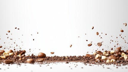 Coffee beans and ground cocoa exploding against white background