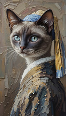 Ai generative oil painting Portrait of a cute Siamese cat , vermeer style of the artwork "Girl with a pearl earring" in a classical still life composition The painting is lit by natural light from the