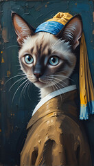 Ai generative oil painting Portrait of a cute Siamese cat , vermeer style of the artwork "Girl with a pearl earring" in a classical still life composition The painting is lit by natural light from the