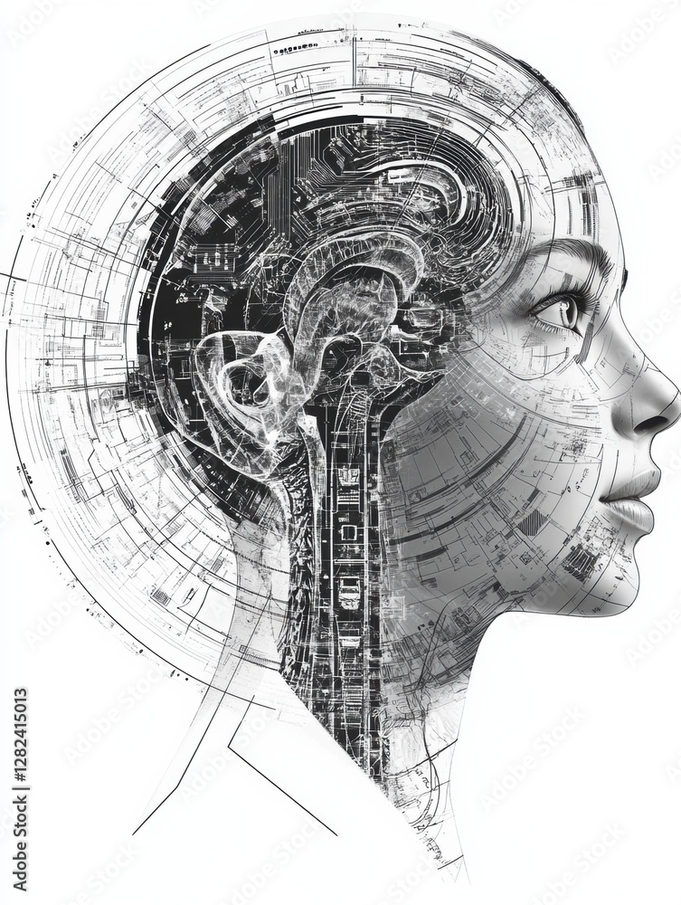 Aufkleber Human head silhouette with intricate artificial intelligence mechanisms inside representing advanced technology. Generative AI