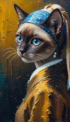 Ai generative oil painting Portrait of a cute Siamese cat , vermeer style of the artwork "Girl with a pearl earring" in a classical still life composition The painting is lit by natural light from the