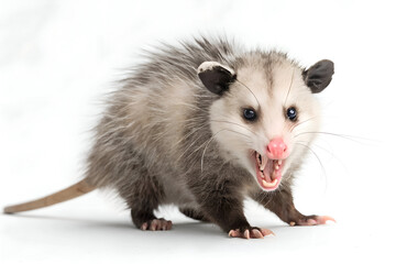 Close-up of a North American opossum hissing defensively