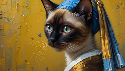 Ai generative oil painting Portrait of a cute Siamese cat , vermeer style of the artwork "Girl with a pearl earring" in a classical still life composition The painting is lit by natural light from the