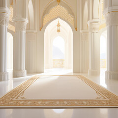 Fototapeta premium Islamic Architecture Interior White Marble Columns Golden Arches and Ornate Rug