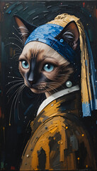 Ai generative oil painting Portrait of a cute Siamese cat , vermeer style of the artwork "Girl with a pearl earring" in a classical still life composition The painting is lit by natural light from the