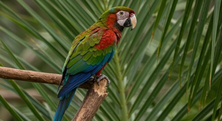 Obraz premium Vibrant parrot perched on branch amidst lush foliage.