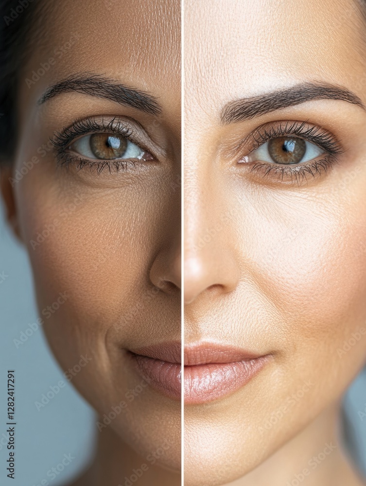 Fototapete comparison of aging effects on a womans face showing wrinkles on one side and a smooth appearance on
