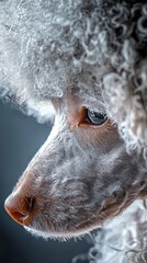 Unique close-up of a fluffy poodle showcasing intricate textures and vivid expressions