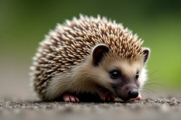 Fototapeta premium Cute Hedgehog with Spiky Fur Wandering in Fresh Green Environment at Dawn in a Close-Up Perspective