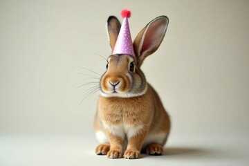 Fototapeta premium Cute rabbit wearing a festive birthday hat against a soft neutral background, celebrating a joyful occasion in style
