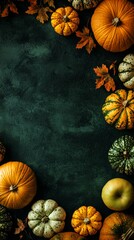 Autumn harvest display featuring pumpkins and colorful leaves on a dark background