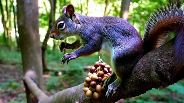 Blurred squirrel approaching a cluster of nuts on a tree branch in a forest.