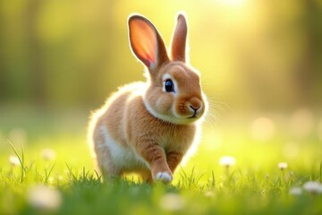 Obraz premium Cute and Playful Brown Bunny with Long Ears Enjoying a Sunny Day in a Green Field Filled with Daisies and Soft Sunshine
