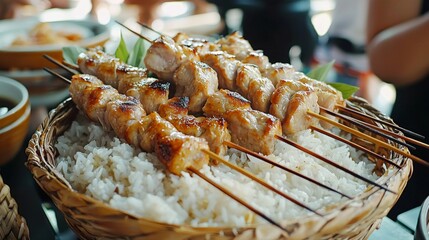 Glazed pork skewers resting on a traditional woven basket filled with warm sticky rice, ready to serve. 