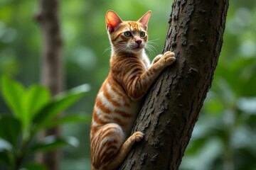 Alert Ginger Cat Climbing a Tree Surrounded by Lush Green Foliage in a Natural Outdoor Environment